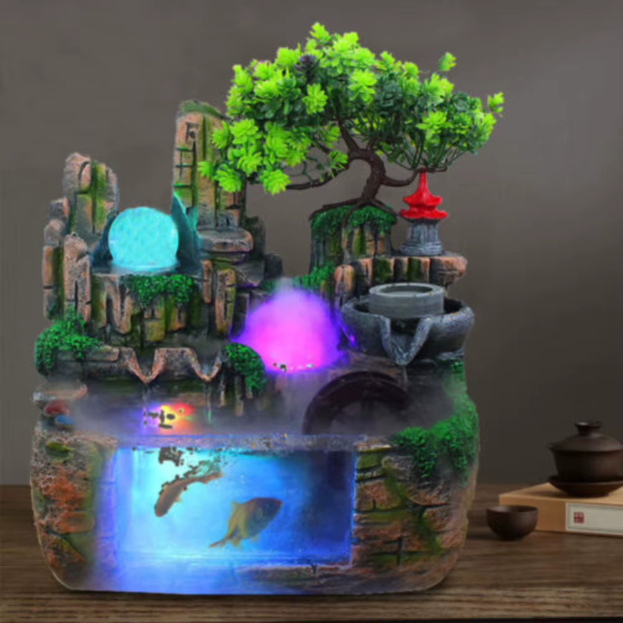 BYMAOCAR Zimmerbrunnen Wasserfallbrunnen als Tischbrunnen mit LED-Beleuchtung, Nebelfunktion und Pflanzen in Grün und Steinoptik - Bild 3