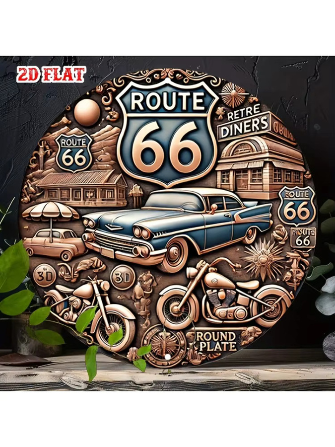 Potdemiel Vintage Route 66 Rundes Aluminiumschild in Blau mit Auto- und Motorrad-Design als Metallwandkunst für Garage und Zuhause, Durchmesser: 20 cm - Bild 6
