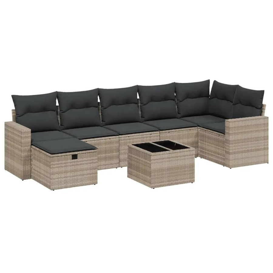 vidaXL 8-tlg Garten-Sofagarnitur in L-Form mit Kissen und Couchtisch, Hellgrau, Poly Rattan und Metallrahmen - Bild 2