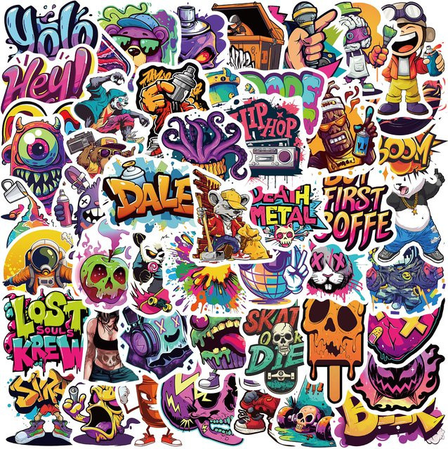 50 Stück MRJIAANGSON Graffiti Aufkleber Set, Wasserdichte Street Art Cartoon Sticker für Laptop, Telefon und Koffer, Mehrfarbig - Bild 1