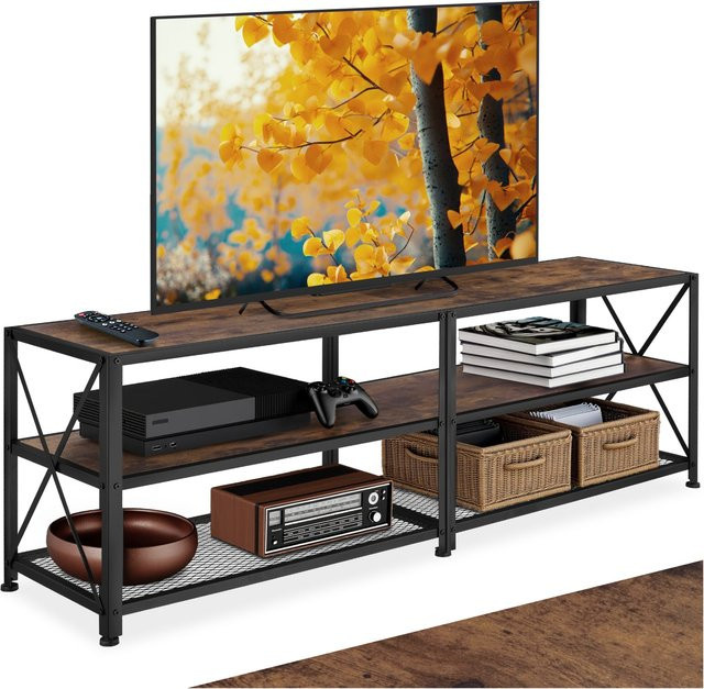 tectake TV-Regal Indianapolis im Industrial Style aus Holz und Stahl, 3 offene Etagen, Farbe Schwarz/Braun, B/T/H: 161 x 41,5 x 50,5 cm - Bild 1