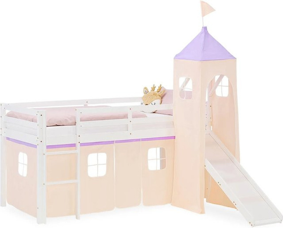 Homestyle4u Kinder Hochbett aus massivem Kiefernholz mit Rutsche, Turm und Vorhang, B/T/H: 200 x 90 x 175,5 cm