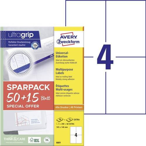 Avery Zweckform Universal-Etiketten ultragrip Weiß, B: 10,5 cm, H: 14,8 cm, 260 Stück - Bild 1
