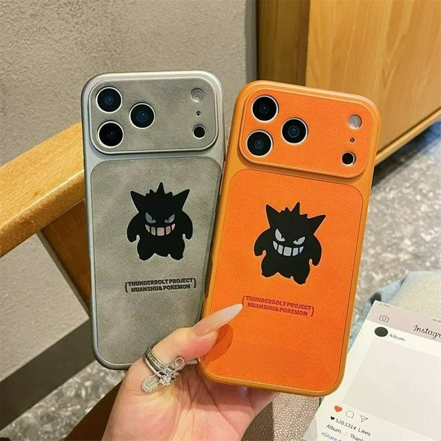 Potdemiel Handyhülle mit Anime Cartoon Ghost Gengar Laser Leder Textur für iPhone 17 Air 16 15 14 13 Pro Max in Orange, stoßfeste Schutzhülle - Bild 1