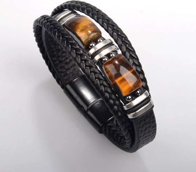 KaiTingu Lederarmband, Edelstahl, Tigerauge-Stein, Herren, grau - Bild 1