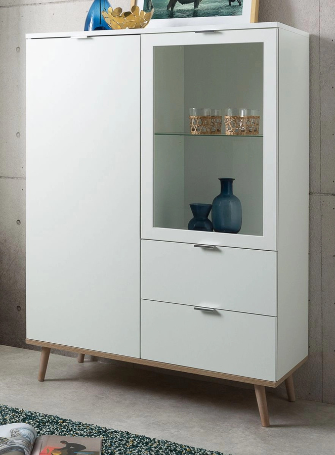 Highboard Lundby Furn.Design Skandinavisch in Weiß Matt und Eiche mit Glastüren, B/T/H: 140 x 40 x 100 cm - Bild 1