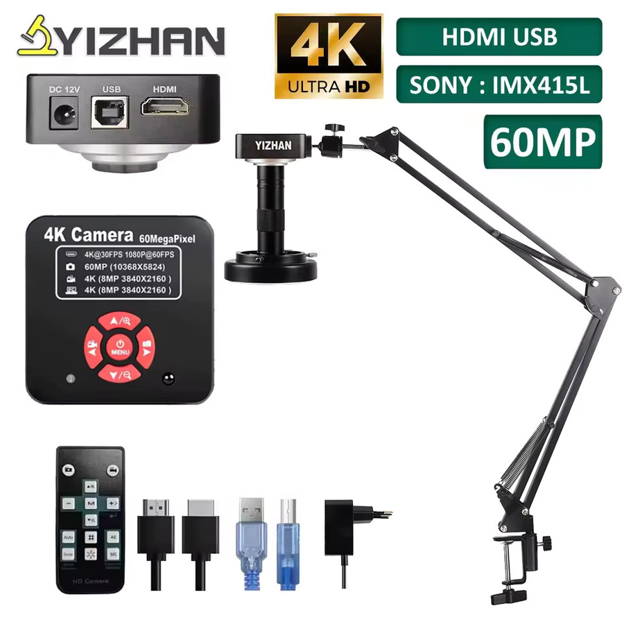 YIZHAN Digitalmikroskop 4K 60MP mit HDMI und USB, IMX415L Sensor, 1-150X C-Mount-Objektiv und Gelenkarm, Schwarz - Bild 4