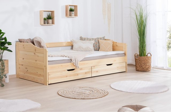 TiCAA Funktionsbett Sofabett Melinda aus massiver Kiefer in Braun mit Schubladen und Stoffbezug, B/T/H: 90 x 200 cm