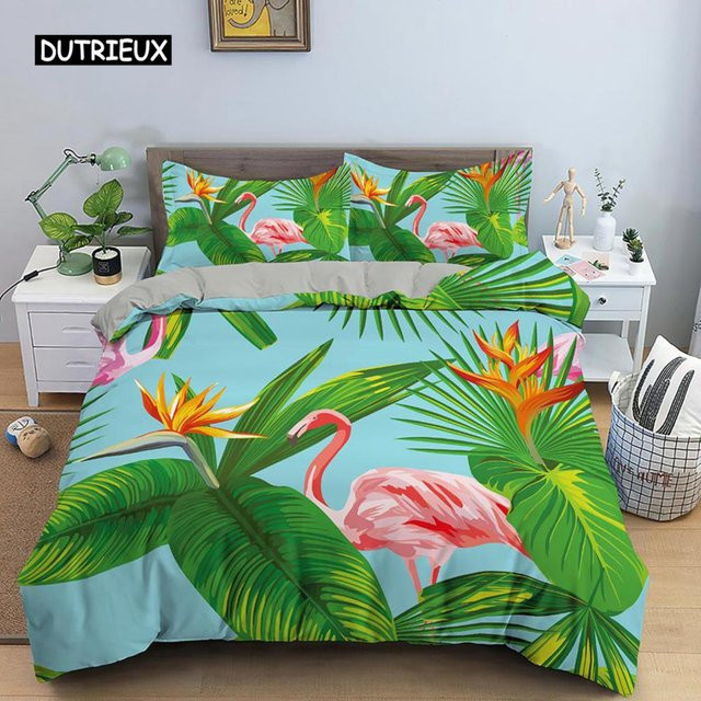 Binchi Bettwäsche-Set mit Flamingo und tropischem Blumenmuster, Lila, B/H: 135 x 200 cm - Bild 1