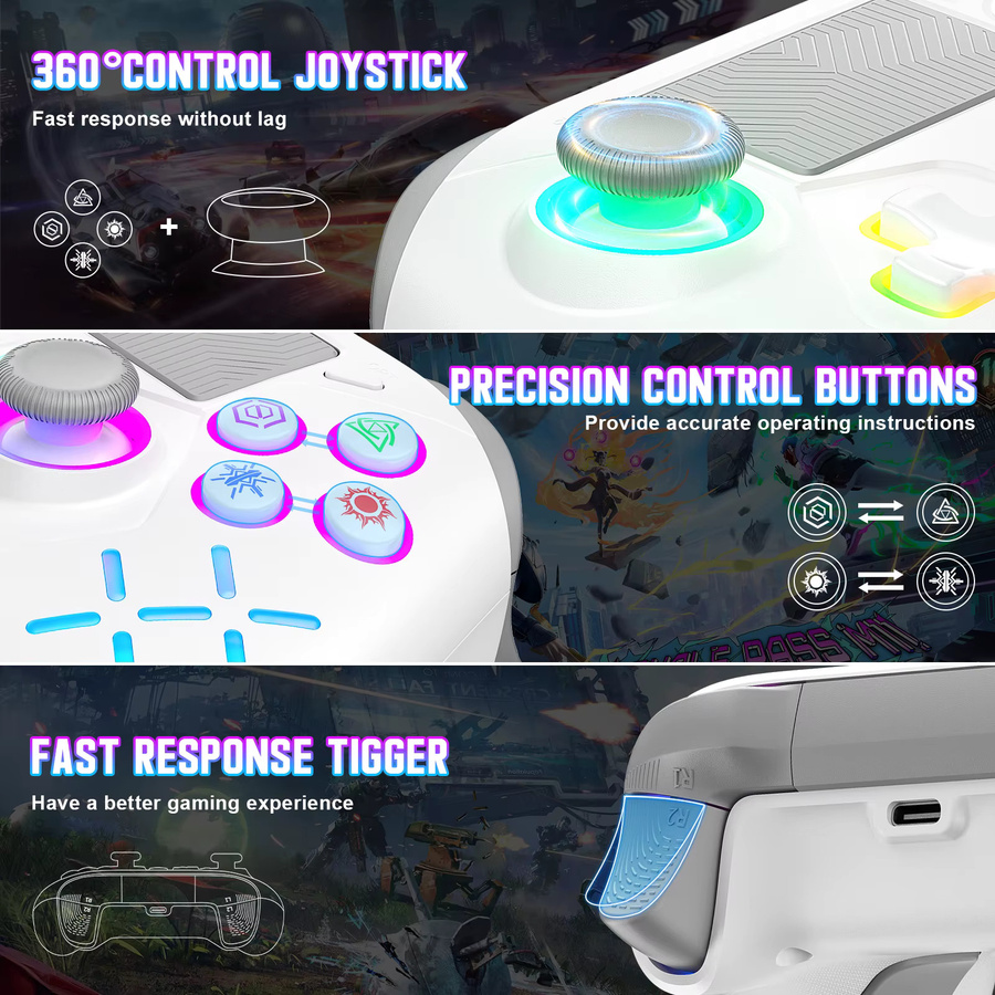 GAMROMBO Wireless Gamepad mit RGB Turbo, Dual Vibration und 6-Achsen-Gyro für PlayStation 5, PS4, PC, iOS und Nintendo Switch in Schwarz oder Weiß - Bild 4