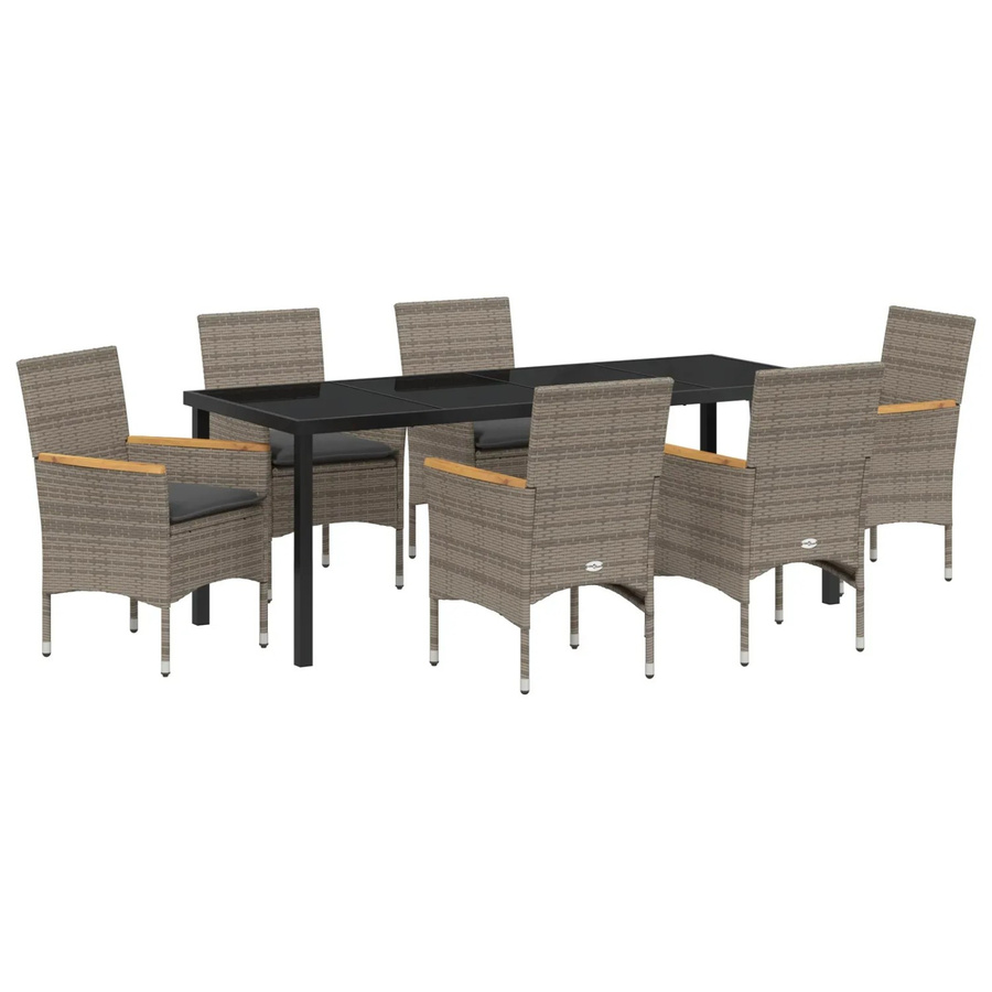 vidaXL Garten Essgruppe 7-teilig aus Poly-Rattan und Akazienholz in Grau mit Kissen und Sicherheitsglas - Bild 2