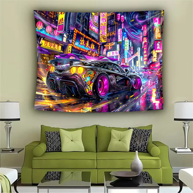 VIKAMA Cyberpunk Neon Sportwagen Wandteppich Wandkunst Dekoration in Multicolour - Bild 4
