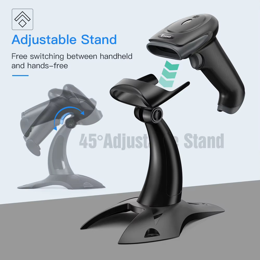 Eyoyo EY-019WS 2,4G Kabelloser Handscanner für QR-Codes, USB-C 1D 2D Barcode-Scanner mit verstellbarem Ständer und automatischer Erkennung, Schwarz - Bild 2