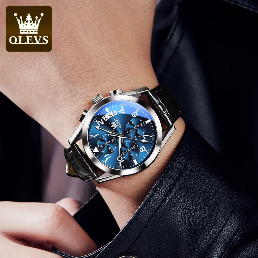 OLEVS Chronograph Armbanduhr, Quarz, Leder, Herren, Blau, Roségold - Bild 3