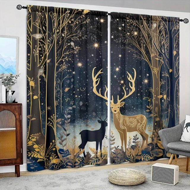 2er-Set Vorhang mit Dream Deer Motiv in Grau und Blau, halbtransparentes Fensterdekor aus Polyester, Breite: 52,5 cm, Höhe: 116 cm - Bild 1