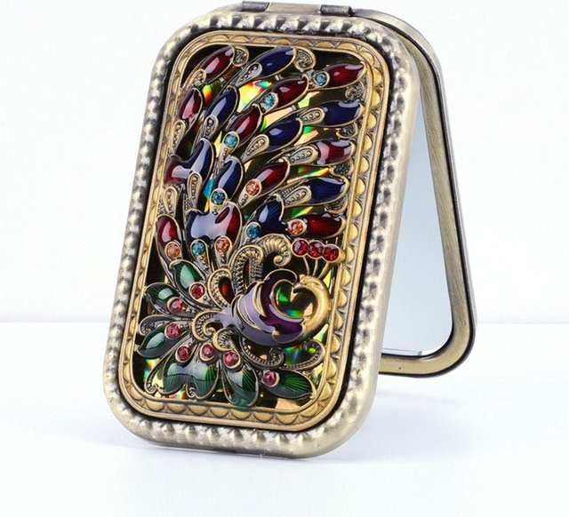 Binchi Health Technology Vintage Schminkspiegel im Art Nouveau Design mit Pfauen-Motiv, doppelseitiger Kompaktspiegel für die Tasche, Multicolour - Bild 1