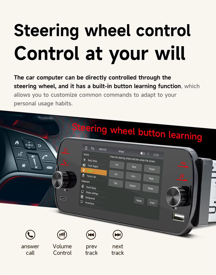 BQCC 1DIN 5 Zoll Universal Auto Multimedia Stereo Radio mit Wireless CarPlay und Android Auto, Schwarz mit 7 Farben LED-Beleuchtung - Bild 4