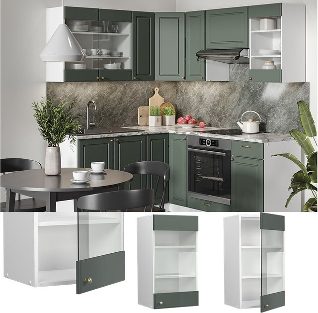 Vicco Küchen-Hängeschrank Fame-Line Landhaus Weiß Grün-Gold mit Glastüren und Softclose-Scharnieren Breite: 40 cm - Bild 1