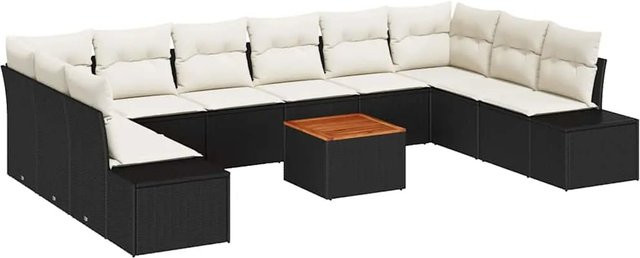 vidaXL Garten-Sofa-Set 11-tlg. aus Polyrattan und Akazienholz in Schwarz-Weiß mit Stauraum und UV-beständigen Polstern - Bild 1