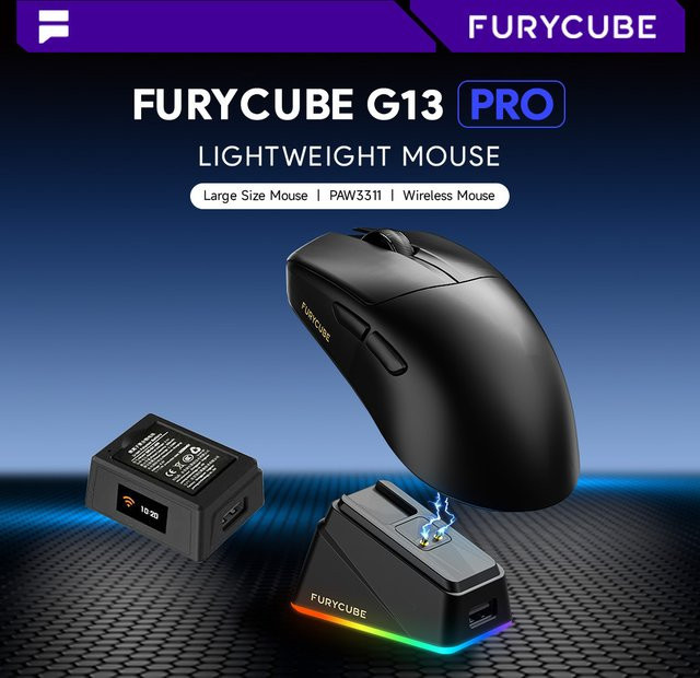 FURYCUBE G13 Pro Tri-Mode Kabellose Gaming-Maus mit PAW3311 Sensor, RGB und Ladestation, Weiß - Bild 1