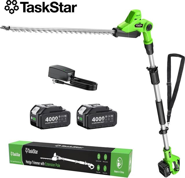 TaskStar Kabelloser Hochreicher Heckenschneider mit 20 Zoll Doppelklingen-System und 2er-Pack 4000mAh Akku in Grün - Bild 1