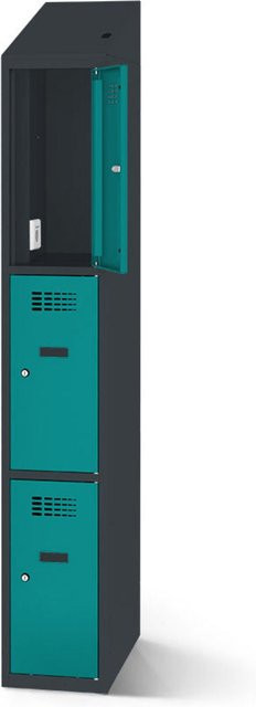 rotstahl Fächerschrank mit Ladefunktion und 3 Fächern in Türkis mit anthrazitgrauem Korpus, B: 40 cm, H: 200 cm - Bild 1