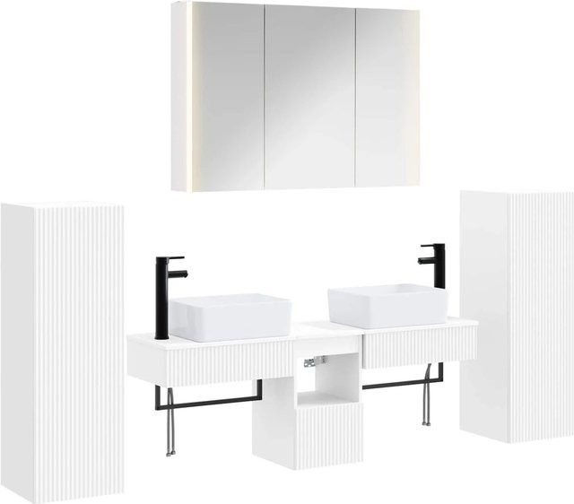 vidaXL Badezimmermöbel-Set 6-teilig in Weiß, modern aus Ingenieurholz und Glas mit LED-Beleuchtung, Spiegelschrank, Wandschrank und Waschtischunterschrank - Bild 1