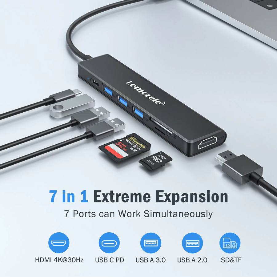 Lemorele 7-in-1 USB-C Hub Dockingstation mit HDMI 4K UHD, 100W PD und SD/TF Slot für MacBook und Windows PC - Bild 2