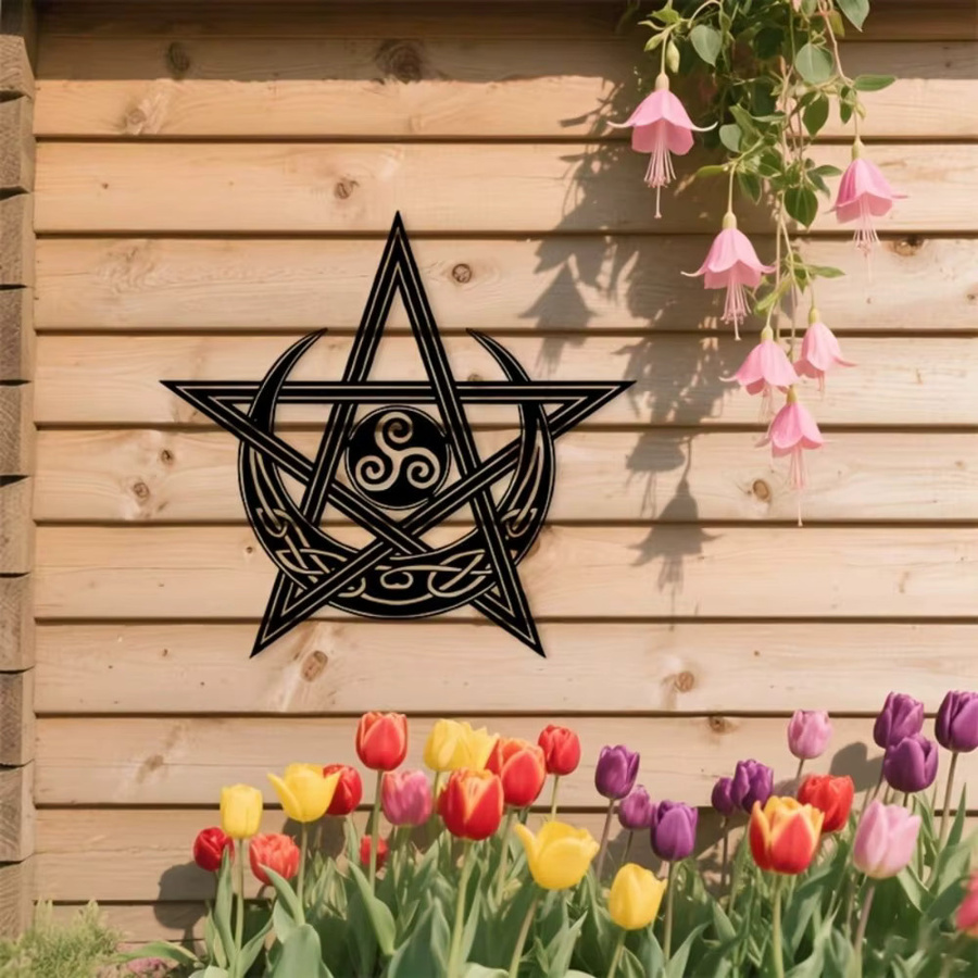 CIFBUY Metall Wandkunst Keltischer Knoten Triquetra Stern und Mondzeichen in Schwarz als geometrische Hängedekoration für Innen und Außen - Bild 2