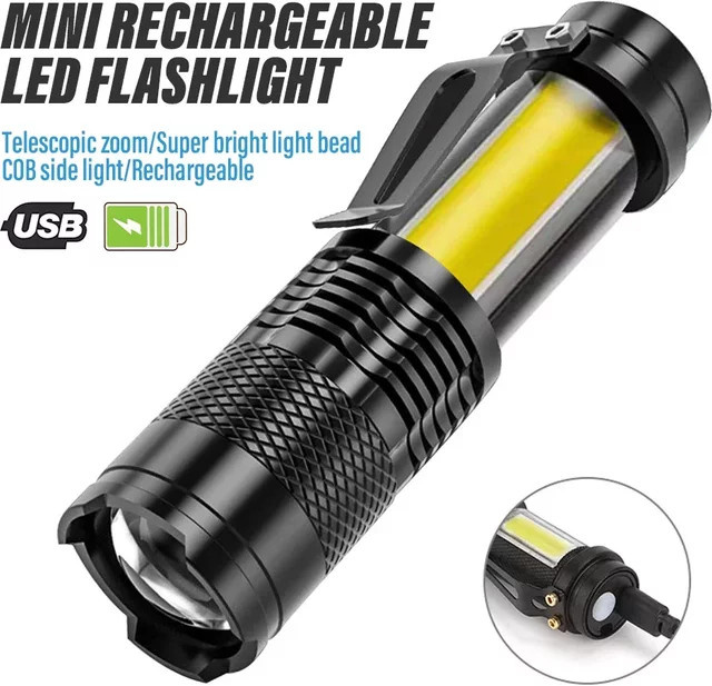ESMARTER Mini LED Taschenlampe mit 2000 Lumen, USB-Ladung, COB-Blitzlicht und Zoomfunktion, wasserdicht, Schwarz - Bild 1