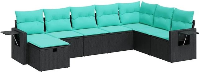 vidaXL 8-teilige Garten-Sofagarnitur in L-Form aus schwarzem Poly-Rattan mit blauen Kissen und pulverbeschichtetem Stahlgestell - Bild 1