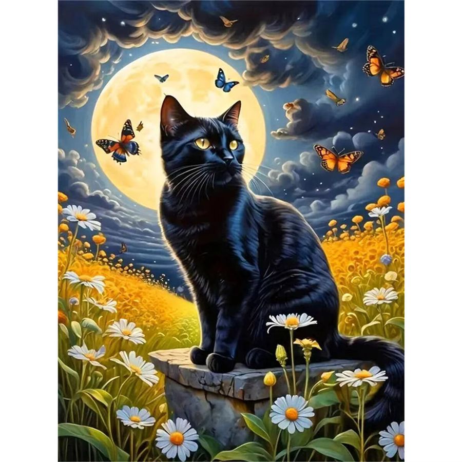 YUTTEE Diamant-Mosaik DIY Set mit schwarzer Katze und Mond in Multicolor, Strasssteine Rund, B/H: 30 x 20 cm - Bild 3