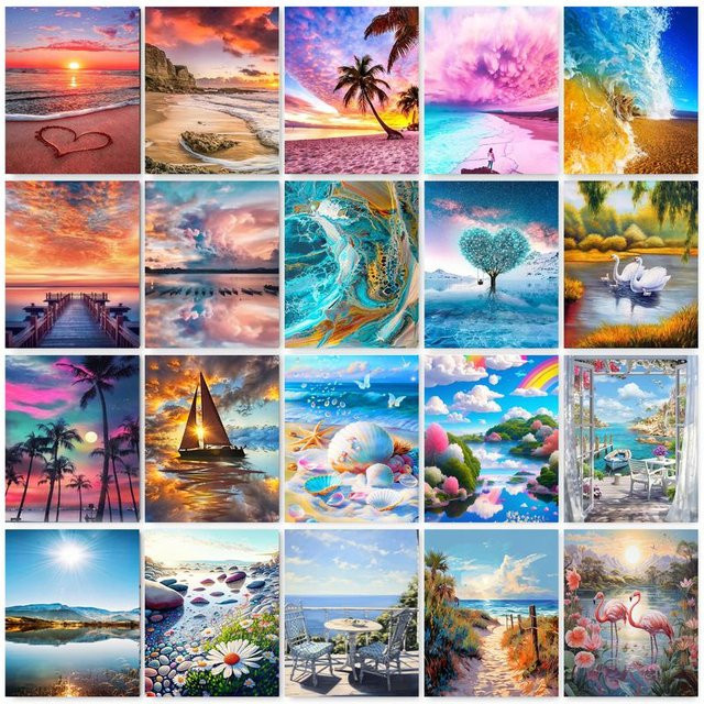 Gatyztory 5D Diamant Malerei DIY Mosaik Stickerei mit Sonnenuntergang und Meereslandschaft, Multicolor, B: 40 cm, H: 30 cm - Bild 1