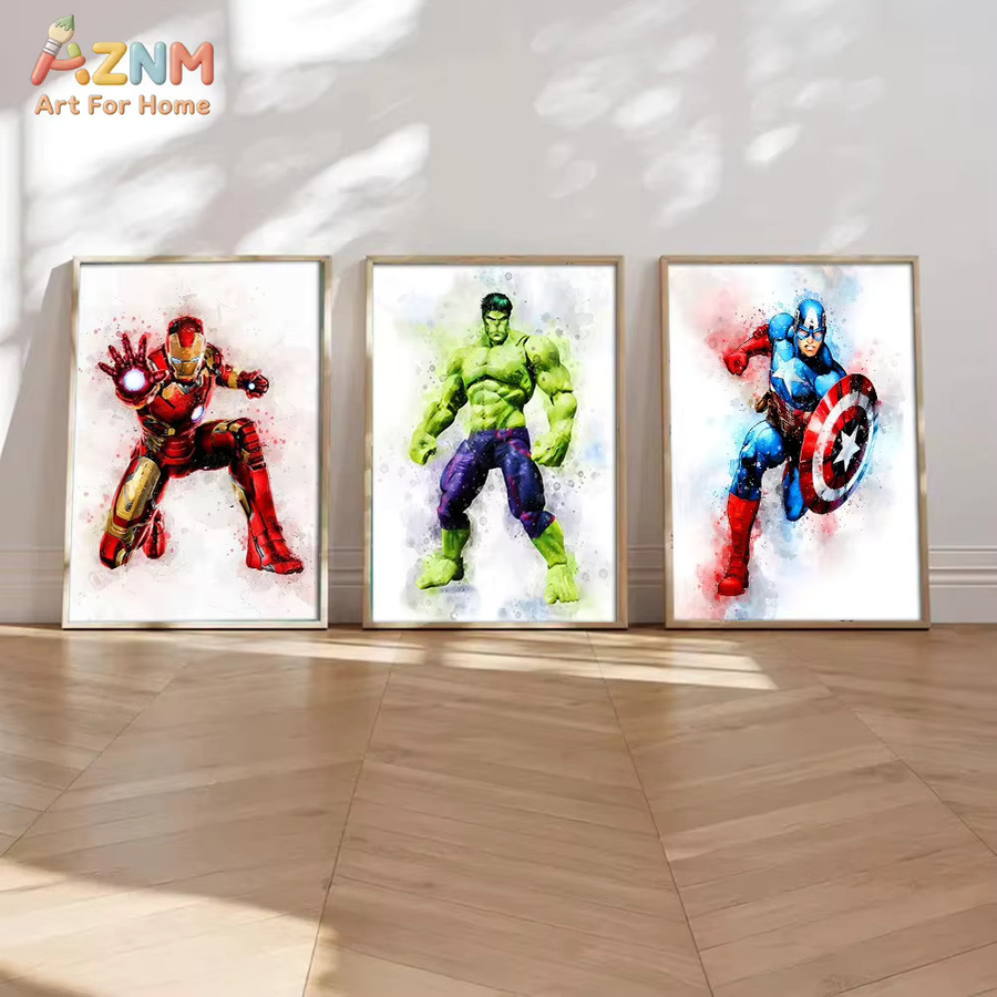 KAYOU Marvel Filmplakate Graffiti Aquarell Wandkunst Leinwand Gemälde in Schwarz mit Spider-Man, Iron Man, Captain America, Hulk und Black Panther - Bild 1