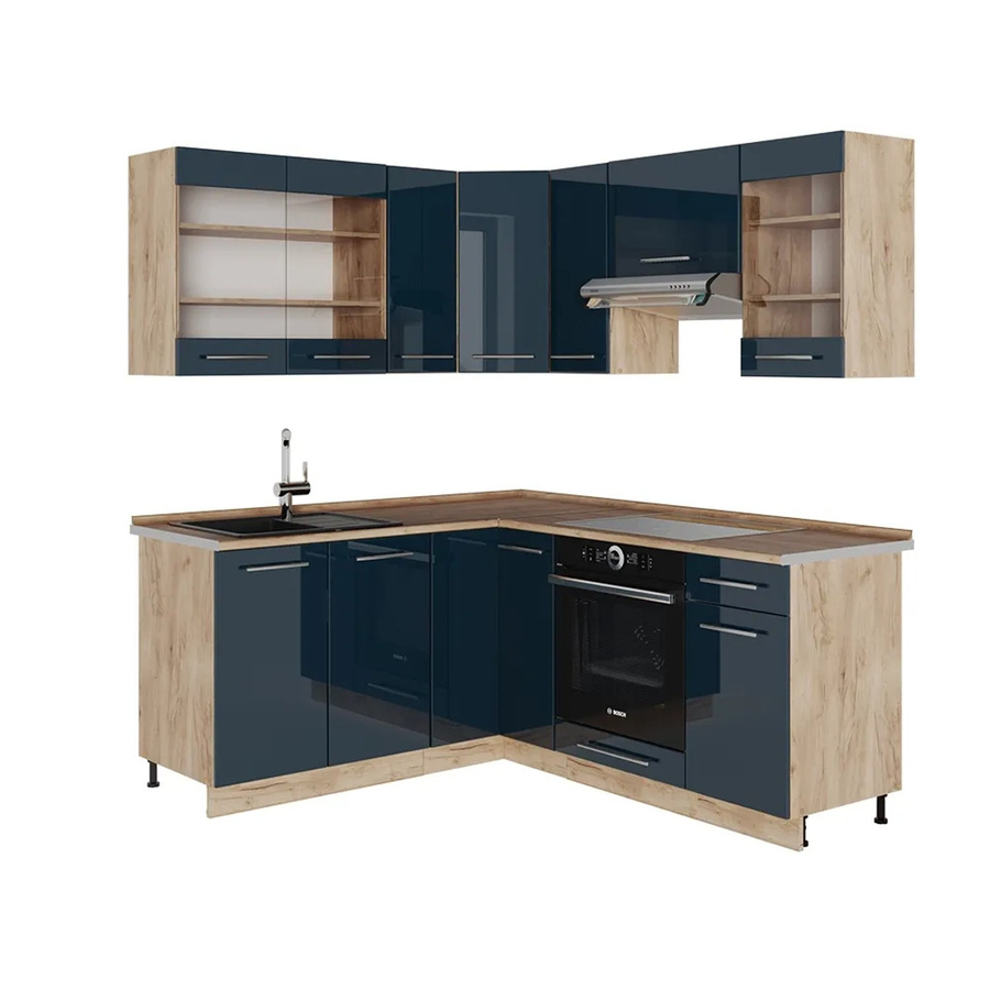 Vicco Eckküche Fame-Line Dunkelblau Hochglanz und Eiche, B/T/H: 160 x 190 x 208 cm - Bild 3