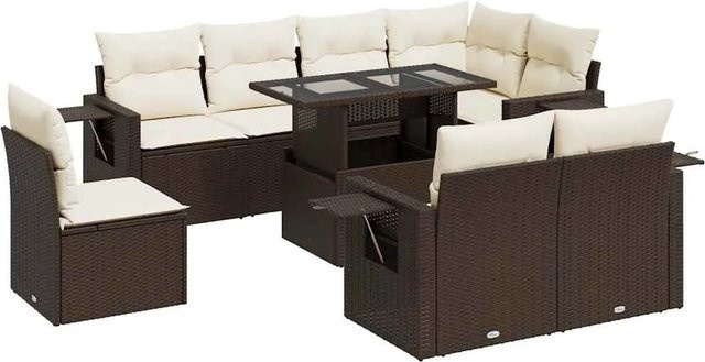 vidaXL 9-teilige Garten-Sofagarnitur in L-Form aus braunem Poly-Rattan mit cremeweißen Kissen und pulverbeschichtetem Stahlgestell - Bild 1