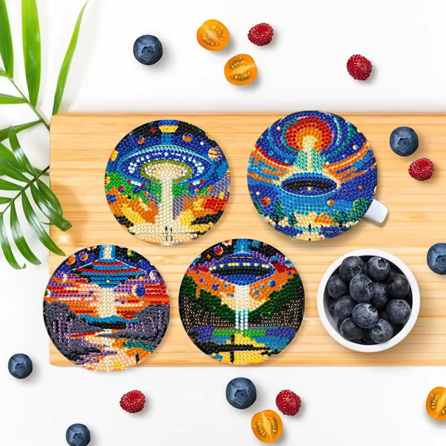 8-teiliges DIY-Untersetzer-Set mit Diamantmalerei und Ständer, runde Getränkematten mit Strasssteinen in Multicolour - Bild 5
