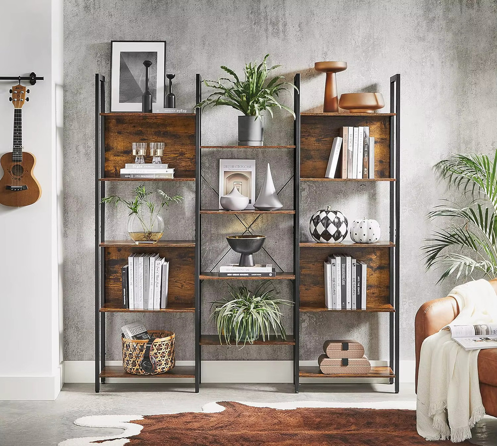 VASAGLE Leiterregal im Industrie-Design mit 14 Ablagen aus Metall und Holz, Farbe: Braun - Bild 1