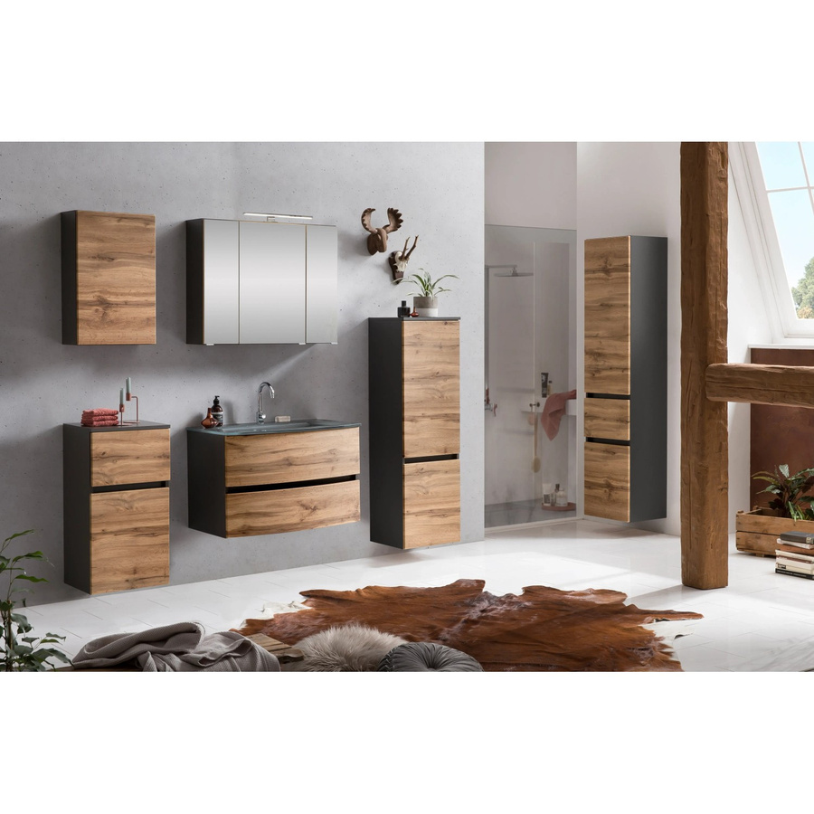 Held Möbel Waschtisch-Set Salerno 2-tlg. in Wotaneiche und Graphitgrau mit Glasbecken und Spiegelschrank, Breite: 80 cm - Bild 2