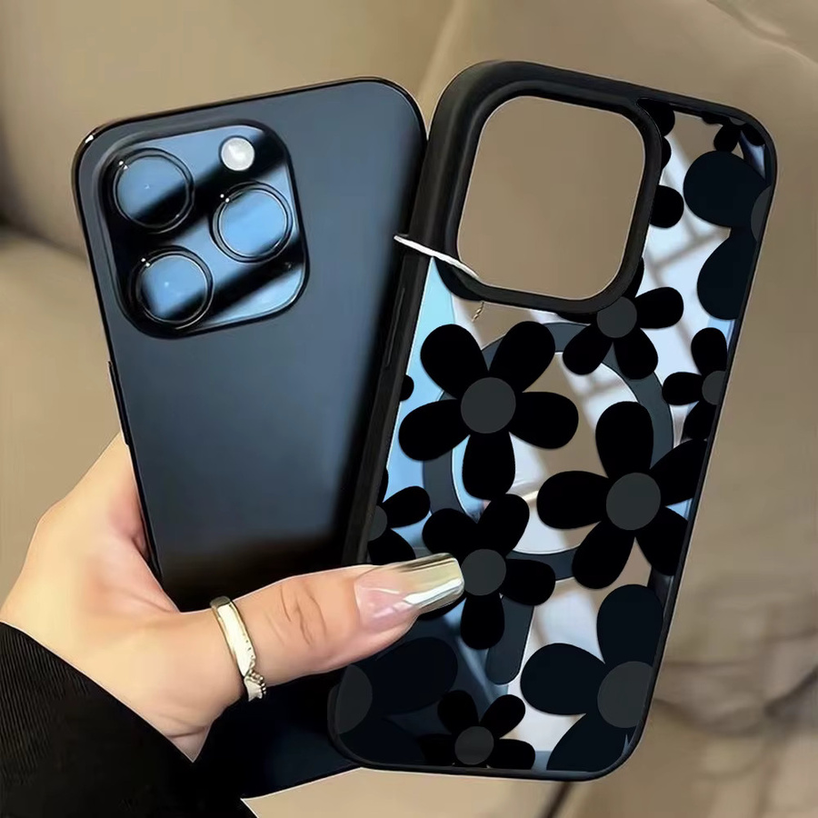 Schwarze iPhone Schutzhülle mit Blumen-Design, kabellose Ladefunktion und Trageschlaufe für Apple iPhone 11 bis iPhone 17 Pro Max - Bild 2