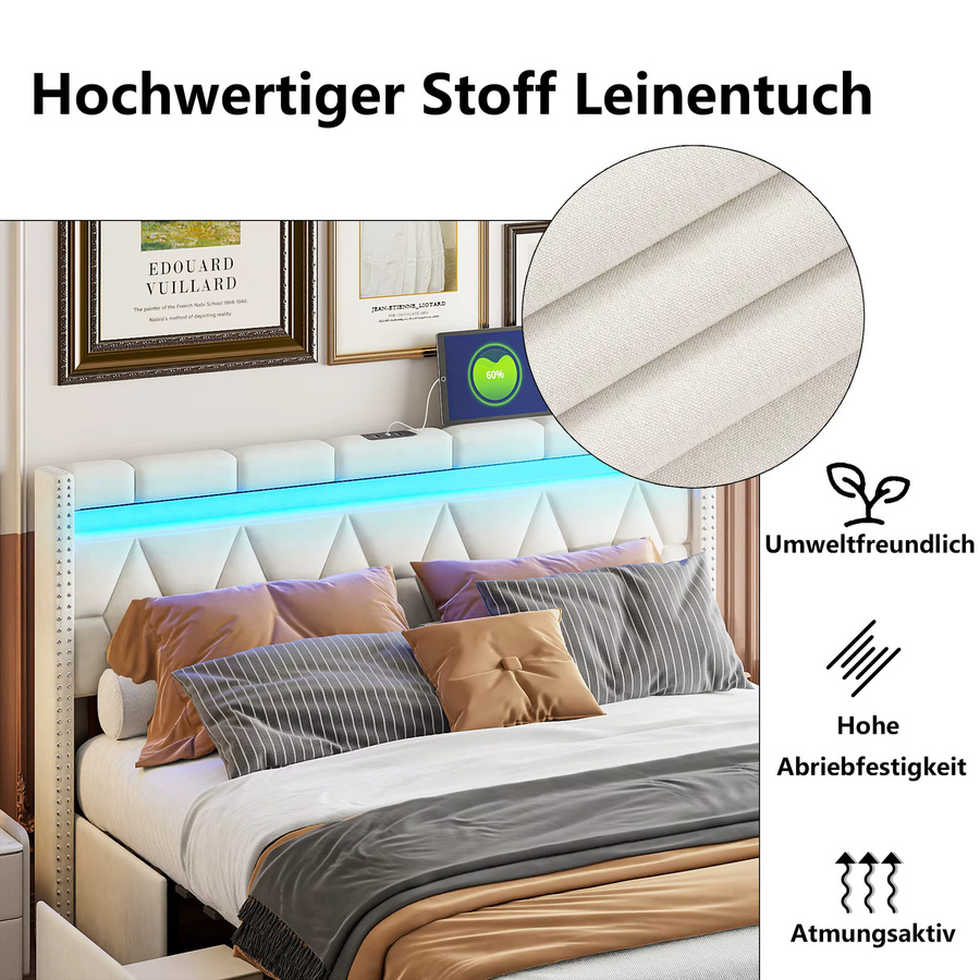 Modernes Polsterbett in Beige mit 4 Schubladen und Unterbettbeleuchtung, Doppelbett mit Kopfteil und Lattenrost, B/T/H: 160 x 200 cm - Bild 5