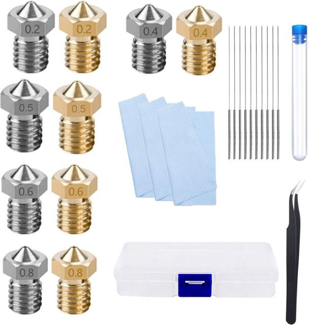 E3D 3D Drucker Düsen und Reinigungskit aus Messing und Edelstahl mit Nadeln und Pinzette, Farben: Gold und Silber, Durchmesser: 0,2mm, 0,4mm, 0,5mm, 0,6mm, 0,8mm - Bild 1