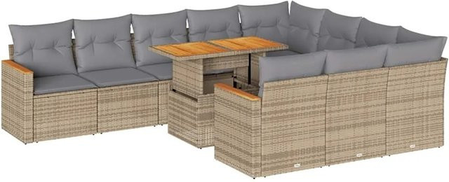 vidaXL 11-teilige Garten-Sofagarnitur aus Poly-Rattan und Akazienholz mit Kissen in Beige-Grau - Bild 1