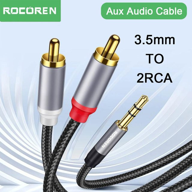 Rocoren Aux-Audiokabel 3,5 mm Klinke auf 2 RCA Stecker, Adapter und Splitter in Grau - Bild 1