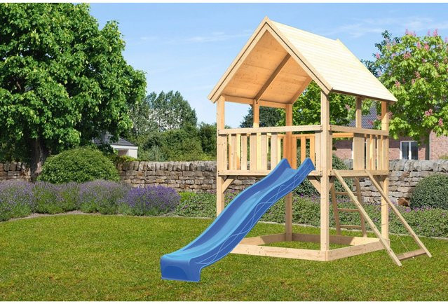 Karibu Spielturm Luis Satteldach Netzrampe Rutsche Blau - Bild 1