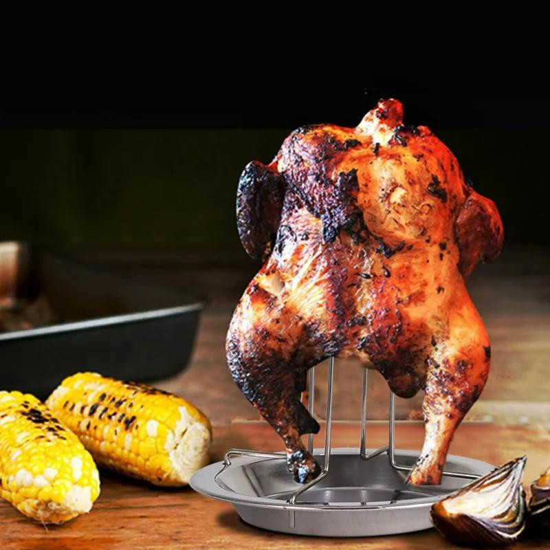 Edelstahl Hähnchen-Grillständer mit Antihaft-Grillplatte in Silber für BBQ und Outdoor-Küche - Bild 2