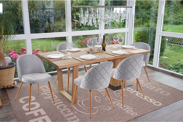 6er-Set MCW Esszimmerstühle D53 im Retro 50er Jahre Design aus Samt in Hellgrau mit Rautenoptik - Bild 1