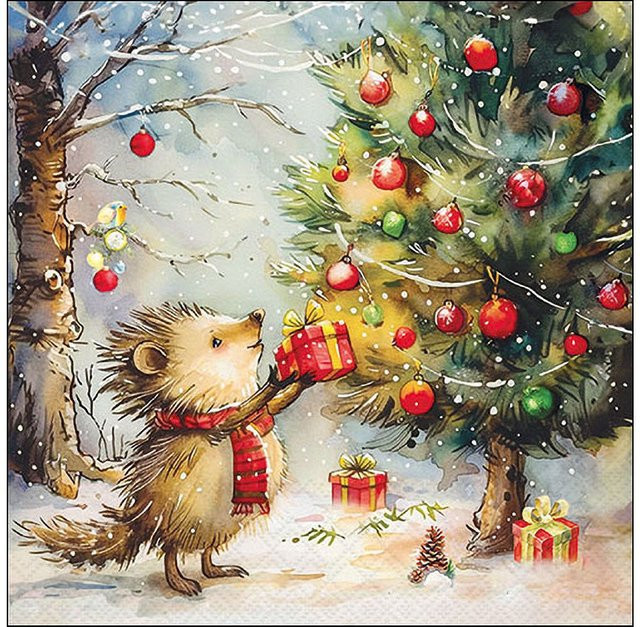 Serviette Present For Hedgehog aus Papier für Weihnachten und Advent, Multicolor - Bild 1