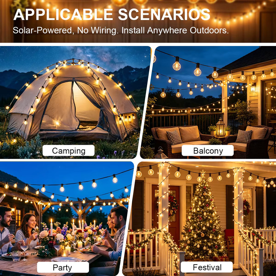 Aiopp Solar G40 LED-Lichterkette für den Außenbereich mit Fernbedienung, dimmbar, IP44 wasserdicht, warmweiß, transparent - Bild 6