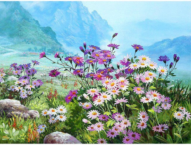FIYO 5D DIY Diamantstickerei Blume im Tal als Kreuzstich-Strass-Malerei in Blau und Multicolour, Breite: 30 cm, Höhe: 20 cm - Bild 1